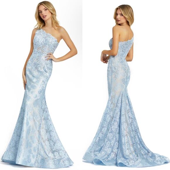 Mac Duggal 48910 One Shoulder Lace Corset Mermaid Dress, Powder Blue, Size 14 - Picture 12 of 12